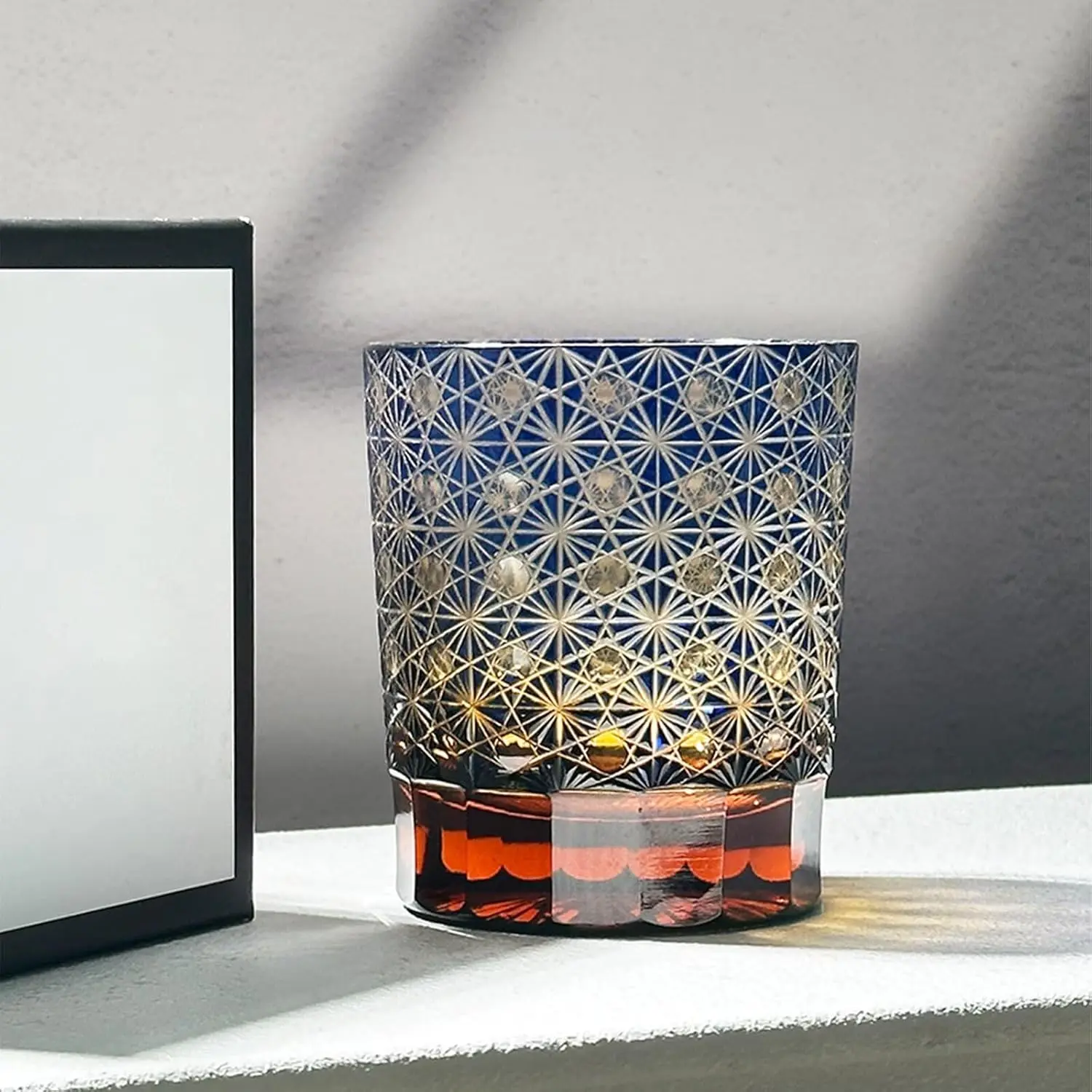 Luxury Crystal Old Fashioned Rock Glass - Japanese Look Blue Amber Gradient Hue Spirit Glassware, Ideal for Bar Use, Gift for Whiskey Aficionados, Bar & Wine Utensils Addition, Crystal Glass