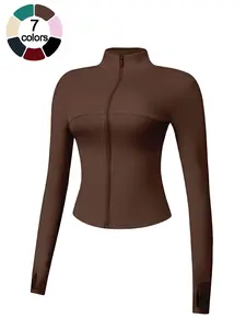 Women Zipper Stand Collar Sports Jacket Top Stretch Slim Fit Long Sleeve Jacket With Thumb Hole Design Solid Color Skin-Friendly Breathable Yoga Wear Outdoor Gym Sweat-Wicking Versatile Multi-Functional Fashion Travel Sportswear Jacket