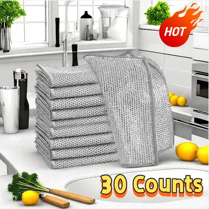30-Piece Durable Double Layer Metal Wire Mesh Non-Scratch Dishcloth, Multipurpose Reusable Kitchen Cleaning Rags, Scratchfree Sponges & Scouring Pads for Home Care,summerwins