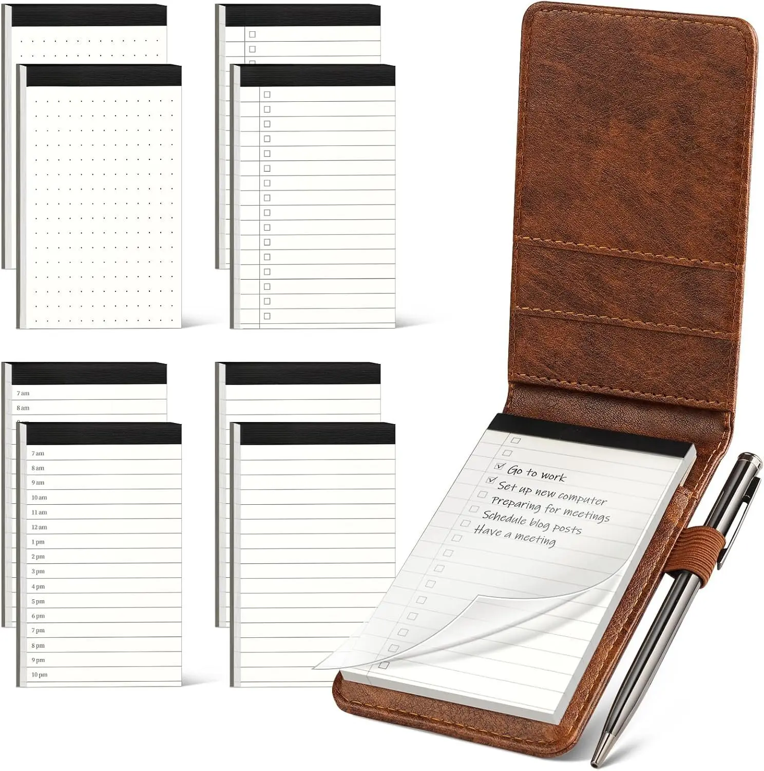 10 count Notepad Holder Set Pocket Notebook - Included Mini Pocket Notepad Holder Set with 8 Memo Book Refills and Metal Pen for Meetings, Daily Records, and Notes 3 x 5 Inch (Brown)