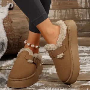Women's Mini Snow Boots Winter Warm Fleece Slippers Platform Plush-Lined Buckle Decor Fashionable Indoor Outdoor Shoes
