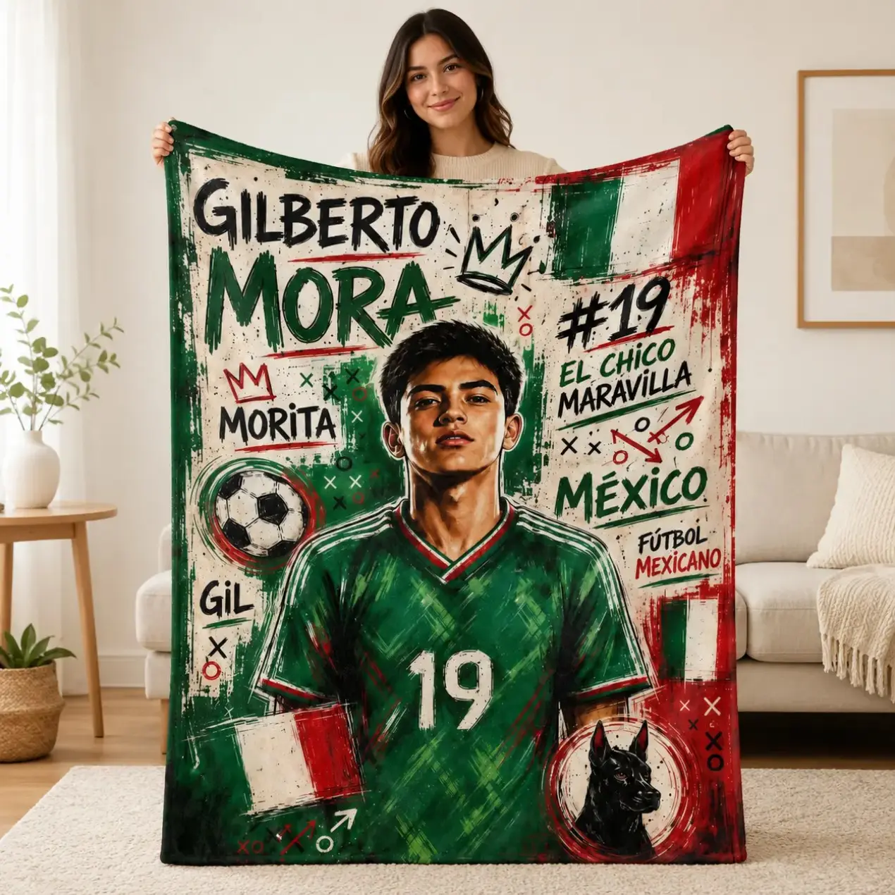 Gilberto Rafael Mexico No. 19 Soccer Player Throw Blanket Green Red Futbol Portrait Art Cozy Plush For Bed Couch Adults Game Day Aesthetic Sports Bedroom Decor Football Fan Collectibles Unique Gift