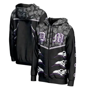 Dominik Mysterio WWE 3D Zip Hoodie Black Purple Paisley Bandana Skull Print DM Logo Unisex Streetwear Casual Fall Winter Spring Loose Fit Wrestling Fan Apparel Gift Men Women