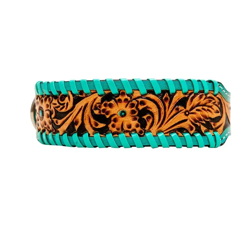 TEAL LACED HAND-TOOLED PADDED LEATHER DOG COLLAR, Dog accessories, dog collar, collar, new collar,