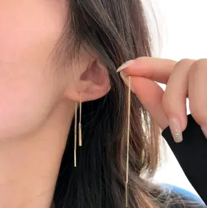 Simple & Long Style Threader Earrings for Women, 18K Gold Plated