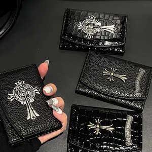 Gothic Silver Metal Cross Mini Card Wallet, Crocodile & Litchi Grain Faux Leather Small Card Holder