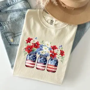 Mason Jars with Flowers, Patriotic, 4th of July Tshirt, Women's Crew Neck, Crewneck