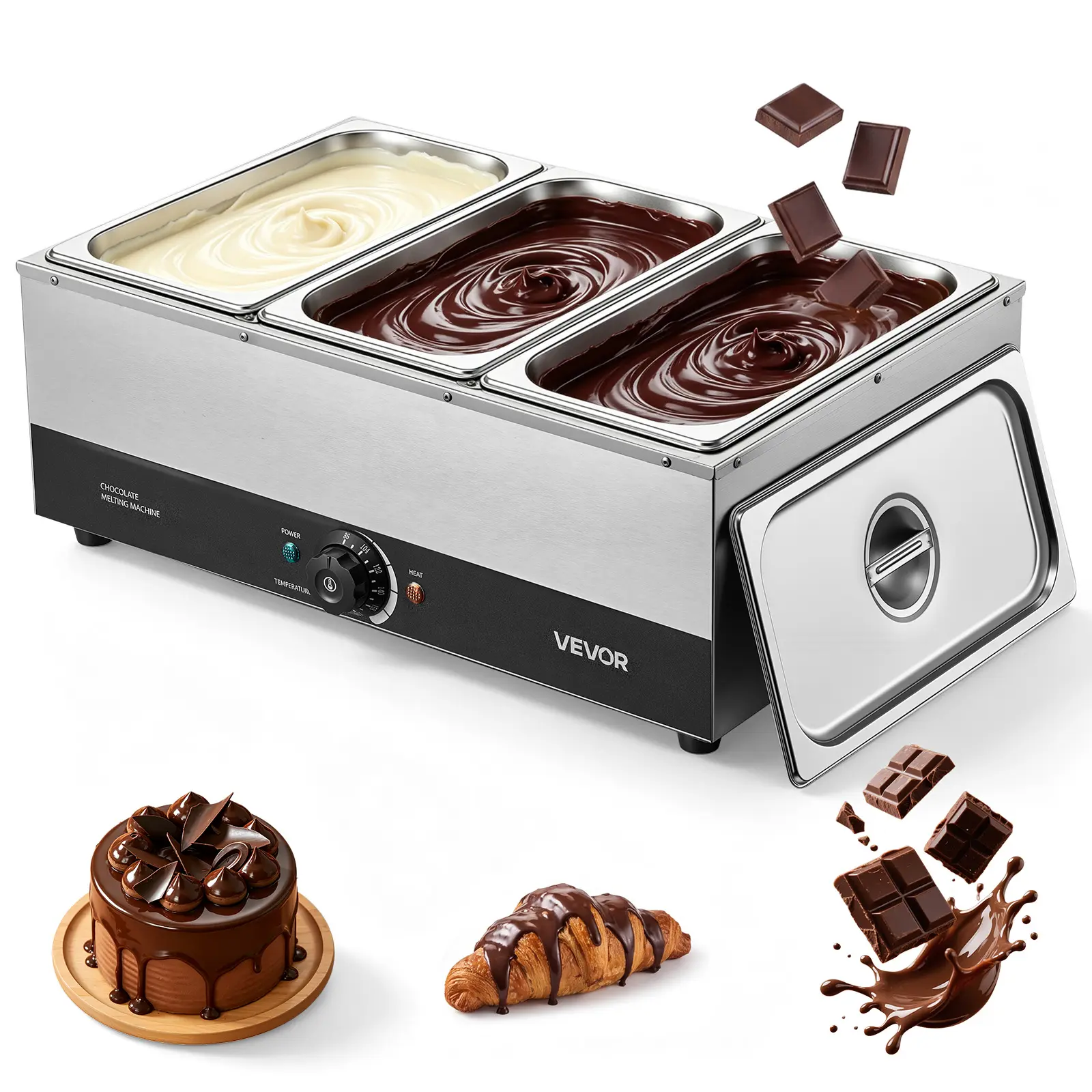 VEVOR Chocolate Melting Machine, 3 Tanks 27 Lbs Choc Commercial Melter, 1200W High Power, Water Bath Heating System, Stainless Steel Body, 86℉- 185℉ Temp Range, Chocolate Warmer for Cheese Milk
