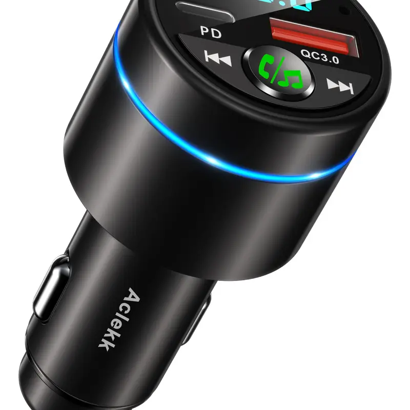 Aclekk Bluetooth 5.3 Car FM Transmitter Vehicle Accessory - All-Metal Shell Sheds Heat for Safer Use, PD 30W & QC3.0 18W Fast In Car Charger, Voltage Monitoring Helps Manage Power, Noise Cancelling Hands-Free Call, Blue Light
