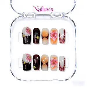 (C037) Nailuvia Short Square Press-On Nails, Amber Gradient with 3D Gold Cross & Floral Accent, Handmade Reusable Fake Nails, 10 Pcs/Set