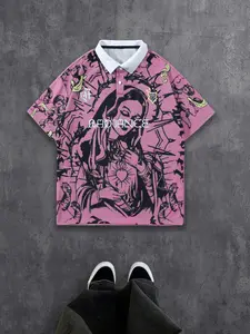 Men's Letter Print Polo Shirt, Streetwear Collared, Short Sleeve Woven Fabric, Preppy Style, Spring & Fall Casual Wear, Trendy Street Fashion, Polo Tees