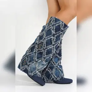 BOBOME Women’s Denim Knee‑High Boots – Square Toe Stiletto Heel with Fringe & Crystals