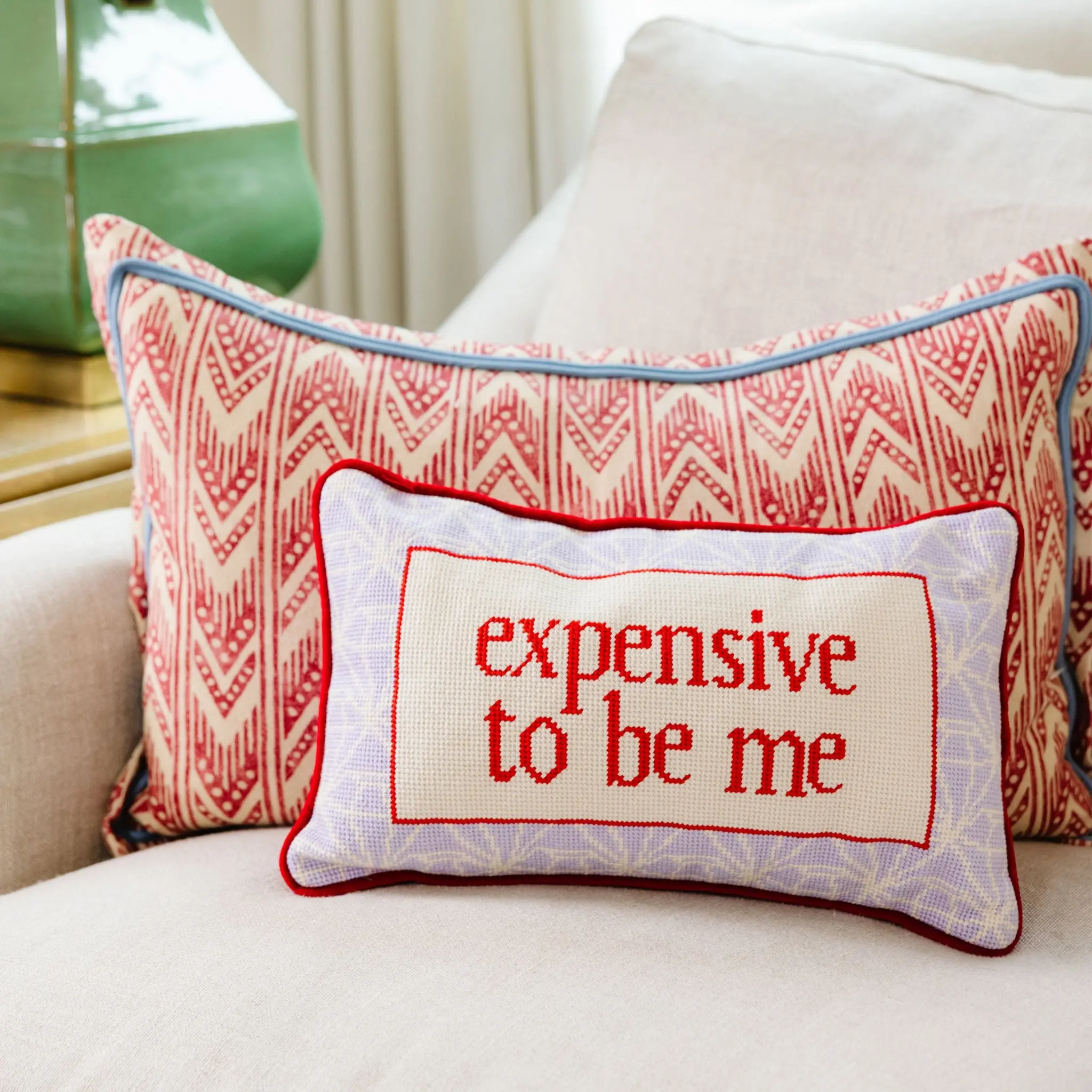 "Expensive To Be Me" Velvet Embroidery Pillow, 9"x15" Fluff Needlepoint Design with Confident Quote & Self-Worth Vibe, Playful Unique Sayings Decorative Accent for Home Bedding