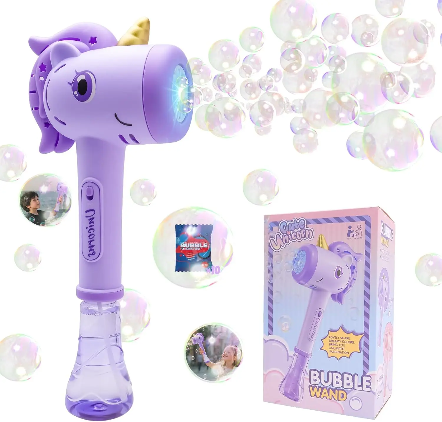 Unisex Cute Purple Unicorn Handheld Bubble Machine Wand - Fully Automatic Bubble Maker Toy for Toddlers Ages 3-8, Batteries Included (Yes), Handheld Bubble Maker
