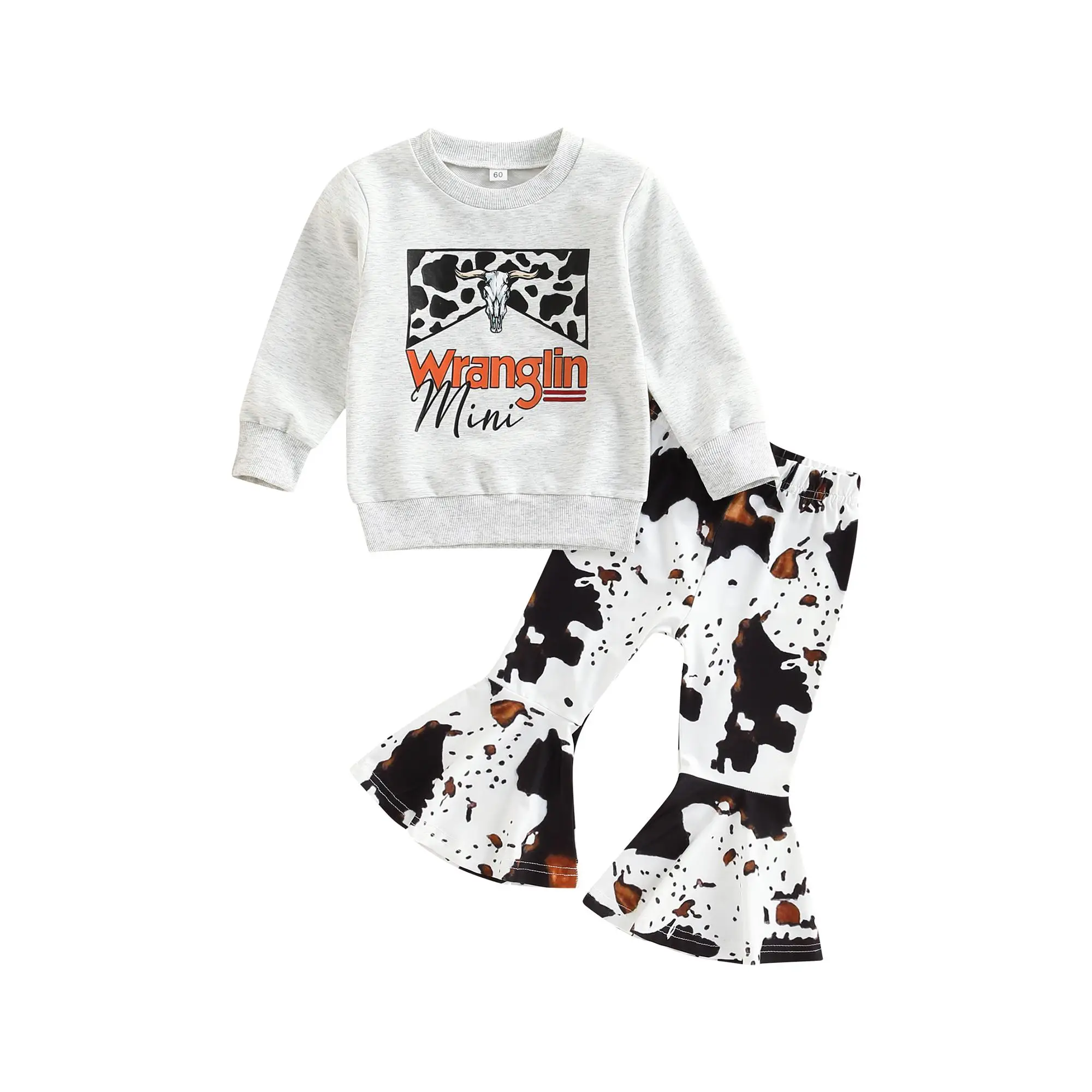 Kid Girl Autumn Clothes Set, 6 Months-6 Years Letter Print Long Sleeve Round Neck Pullover + Cow Spot Print Flare Trousers Fall