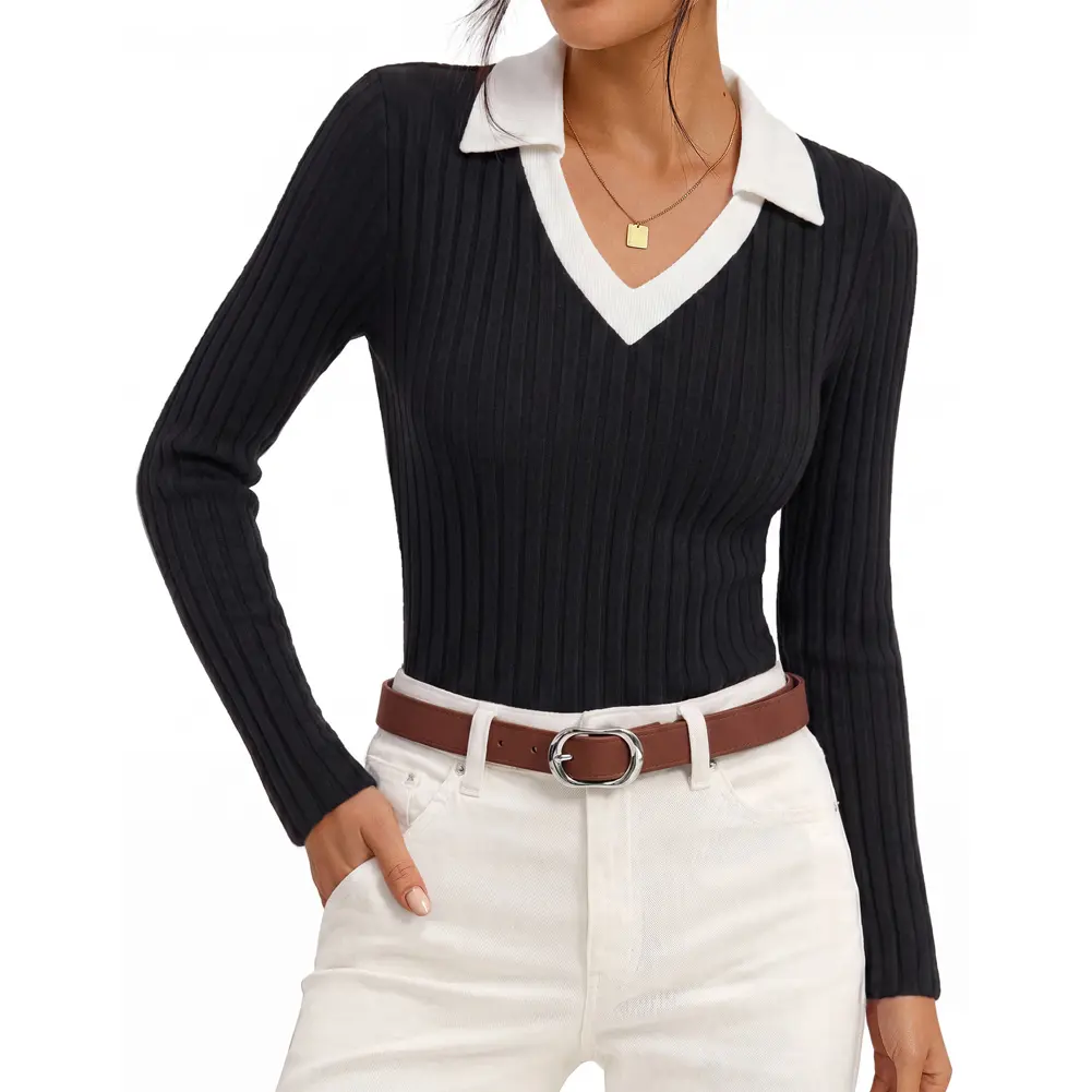 Grace Karin Women's Slim-Fit V-Neck Color-Block Ribbed Knit Long-Sleeve Polo Top for Business Casual Office Wear