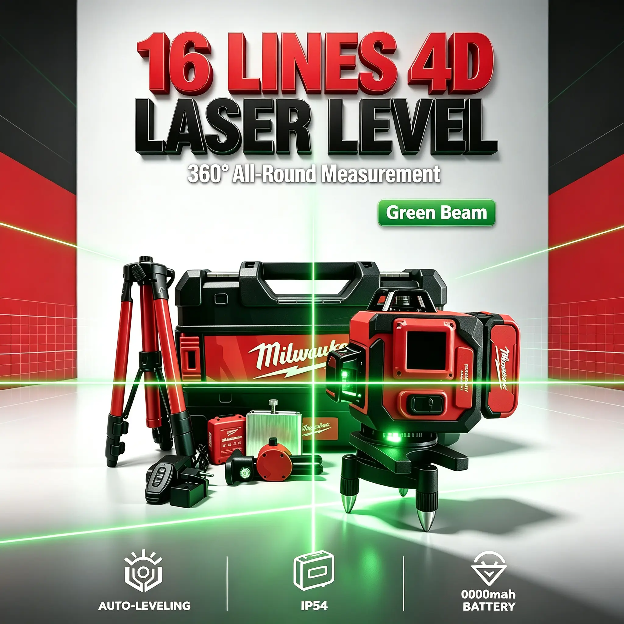 Milwaukee M12 360° Self-Leveling Laser Level Kit | Includes Battery, Charger, Tripod & Full Accessories | Green Line Laser for Wall Framing & Flooring Layout Projects