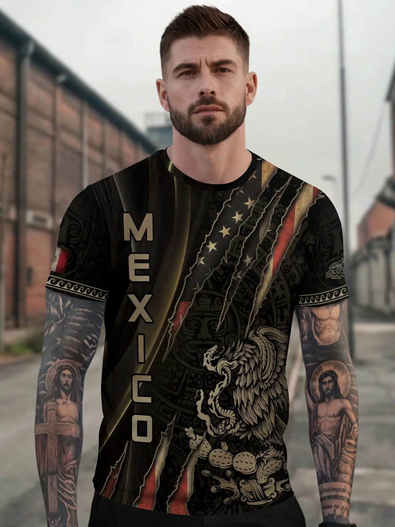 Mexico Usa Flag Cultural Eagle Claw Aztec Heritage Warrior Shirt, Menswear Casual Fitted Short Sleeve Top, All Season Fashion, Unique Animal Ethnic Tribal Print Design
