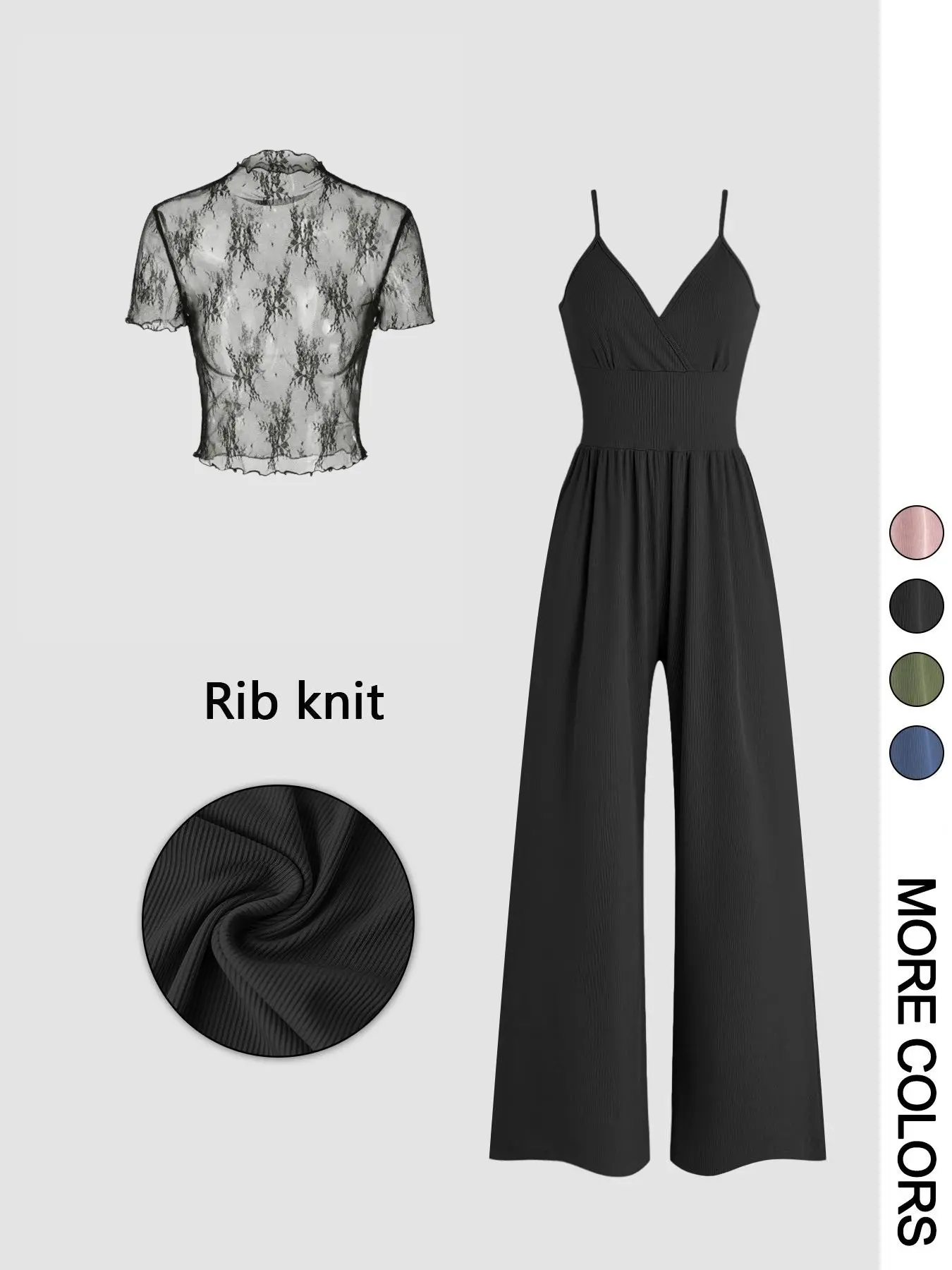 Women's Two-Piece Set, Pants, Solid Color Knitted Lace Short Sleeve Top & High-Waist Fitted Cami Jumpsuit with Zipper Back, Casual Elegant Chic Outfit for Spring & Summer, Womenswear