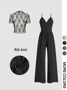 Women's Solid Color Lace Tee & High Waist Pocket Jumpsuit Two-piece Set, Elegant Fashion Casual Zipper Back Cami Jumpsuit & Short Sleeve Top for Daily Outdoor Wear, Women's Clothing for Spring &Summer