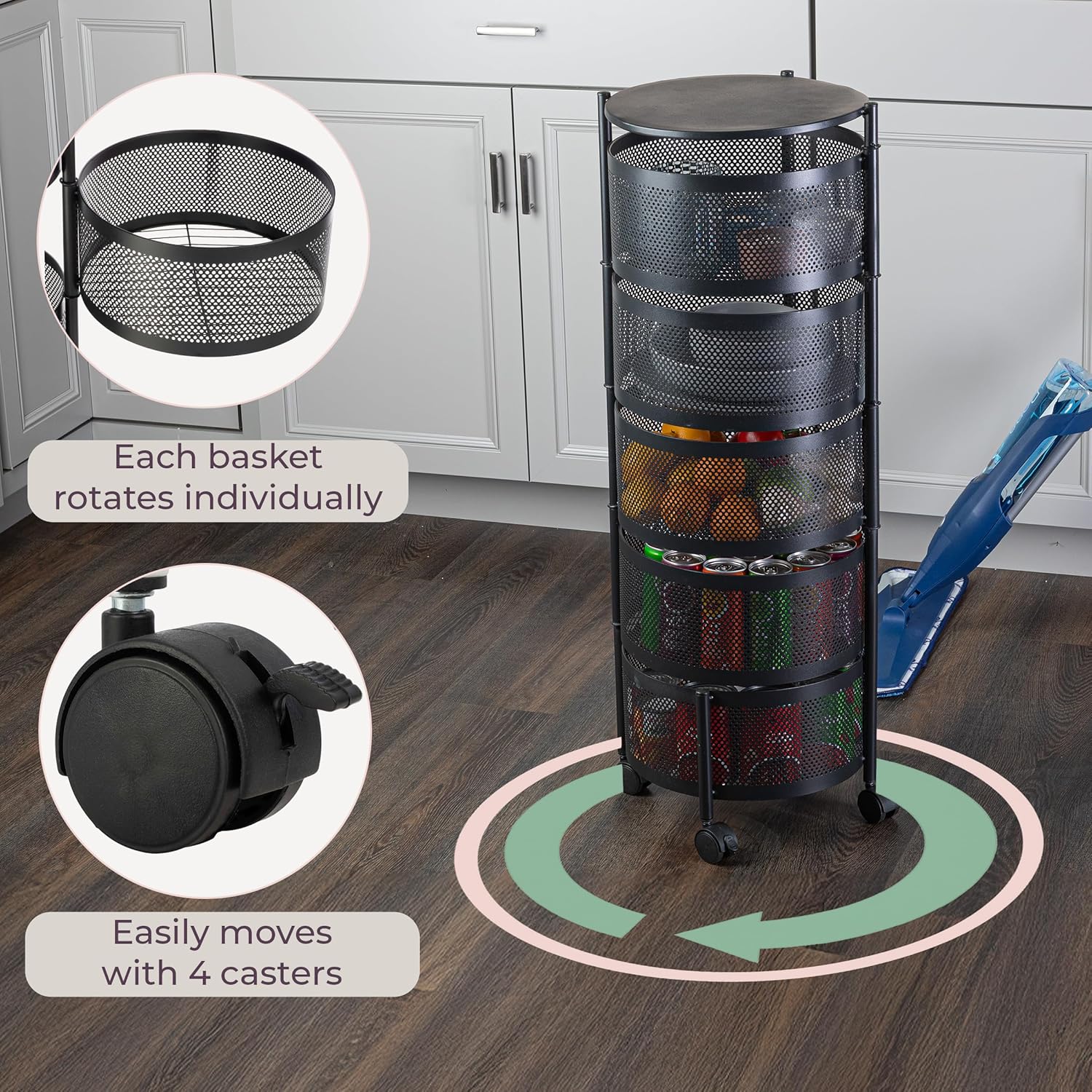 1 Rotatable Multi-Layer Circular Storage Rack, Floor-Standing Rotating Vegetable Basket Organizer, Multi-Layer Rotating Rack for Miscellaneous Items and Fruits, Practical Storage Shelf, Multifunctional Organizer, Metal Basket Rack with Wheels (Black)