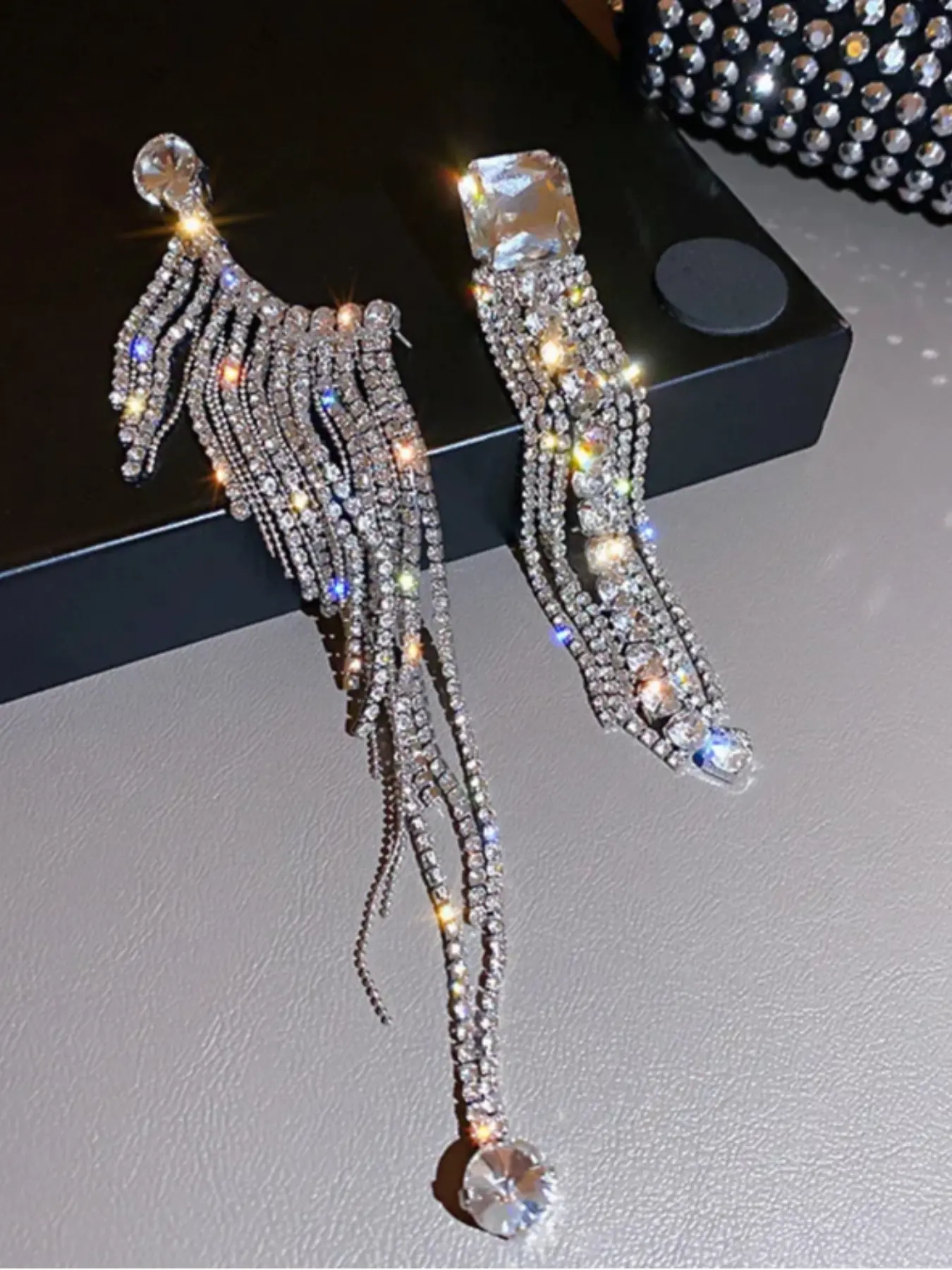 Women's Geometric Shape Dangle Earrings, Asymmetrical Dazzling Rhinestones Design, Copper Alloy Material Chain, Casual Style, All Season Wear