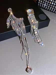 Women's Geometric Shape Dangle Earrings, Asymmetrical Dazzling Rhinestones Design, Copper Alloy Material Chain, Casual Style, All Season Wear