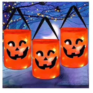 CCINEE 3 Pcs LED Light Halloween Candy Bags for Kids Light Up Multipurpose Halloween Trick or Treat Bucket with Pumpkin Smile Face for Halloween Party Favors Goodie Bags,Orange