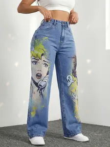 Jeanius Women's High Waist Wide Leg Denim Jeans, Medium Stretch Medium Wash, Retro Pop Art Comic Girl Graphic, Vintage Streetwear Semi Baggy Jeans