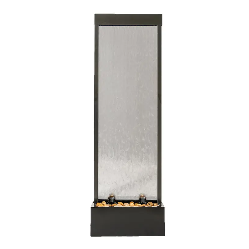 XBrand 68 in H Freestanding Modern Indoor/Outdoor Waterfall Fountain w/ Decorative Rocks, LED Lights & Auto-Shut Off Pump, Aluminum/Clear Glass, Black