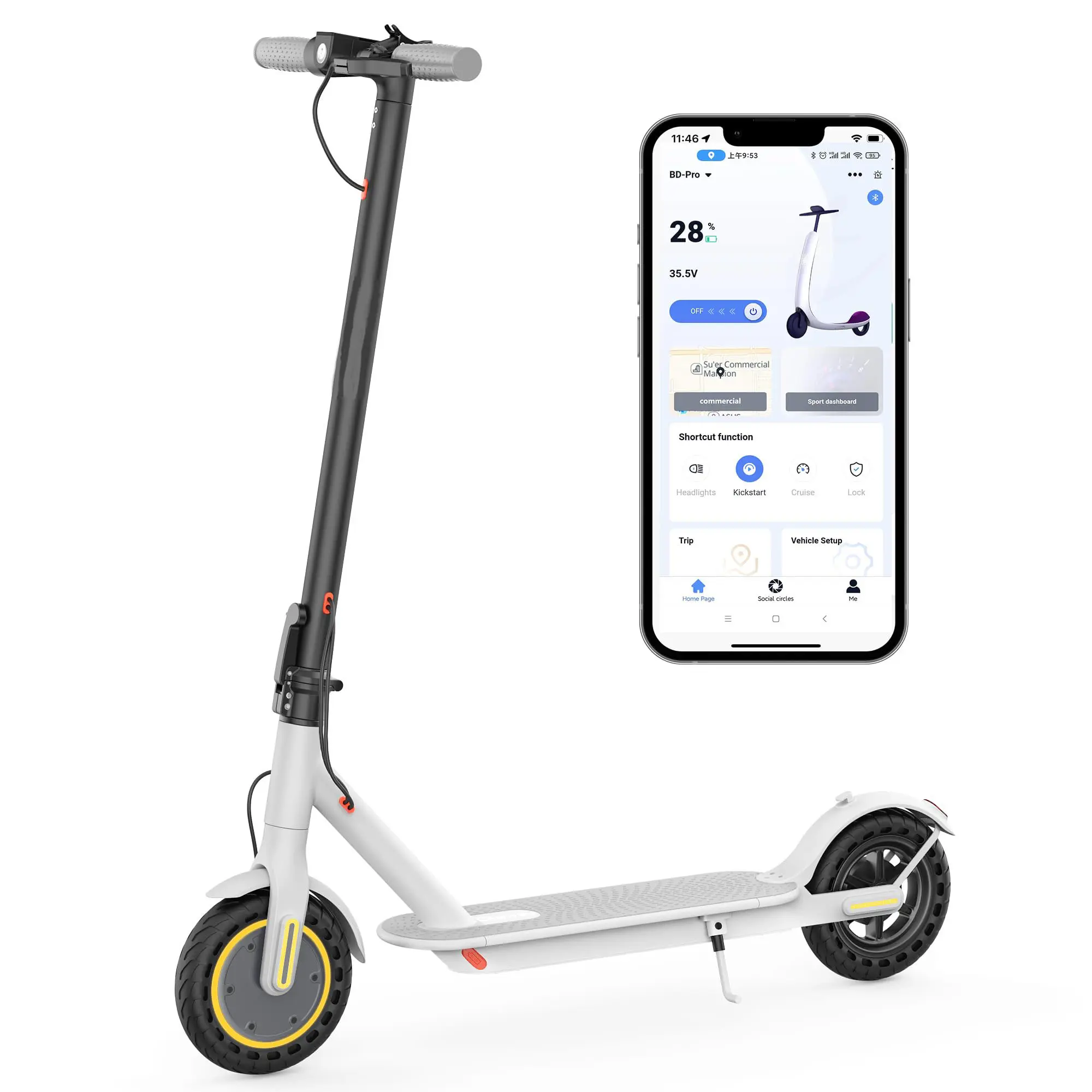 Unisex Lightweight Adult Electric Scooter - 8.5 in Puncture-Proof Solid Tires, 350W Motor, Max 19mph Speed, 15-22 Mi Range, 265 LBS Load Capacity, App-Controlled Dual Brake Pro Plus Smart Support for Urban Riding & Outdoor Fitness Commute foldable App, Ap