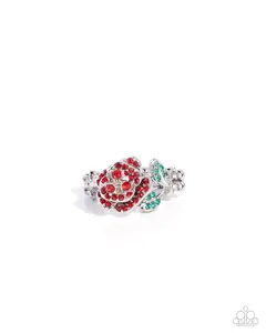 Blooming Boon - Red Rhinestone Rose Flower Silver Ring - Paparazzi