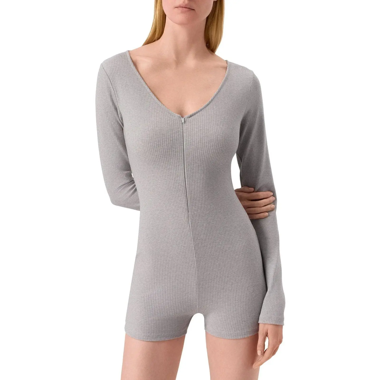 Alo Yoga Romper Rib 1 2 Zip Long Sleeve One Piece Sneaker in Gray/Heather | Women's