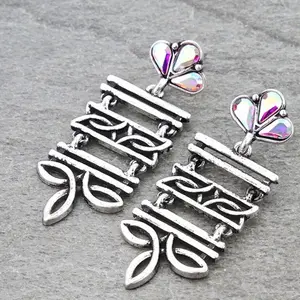 Boot Stitch Drop Earrings 2.5" Post Back Silver Tone with Heart Accents Available in 2 Styles Turquoise or AB Stone