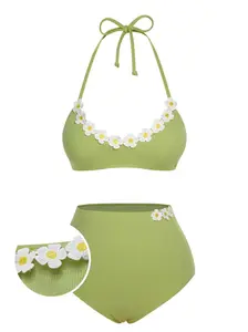 RETRO STAGE Women's Retro-Inspired Light Green 1960s Halter Knit Daisy Bikini - Sports & Outdoor Swimwear, Swimsuits Bikinis