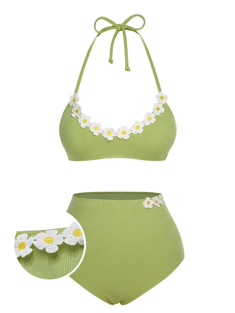 RETRO STAGE Women's Retro-Inspired Light Green 1960s Halter Knit Daisy Bikini - Sports & Outdoor Swimwear, Swimsuits Bikinis, Beachwear Swimsuits, Bikini Swimsuit Outfitsummer outfits beach essentials vacation outfits