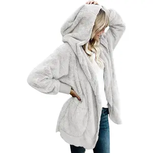 Womens Fuzzy Jacket Hooded Cardigan Open Front Sherpa Coat Outwear with Pockets