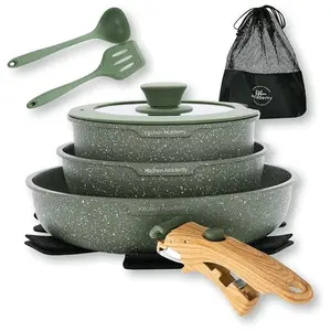 Kitchen Academy Detachable Handle Cookware Set - 10 Pieces Green Pots and Pans Set with Removable Handle, RV Induction Cookware Set for Camp