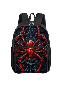 Red spider pattern printed 16-inch square front bag backpack