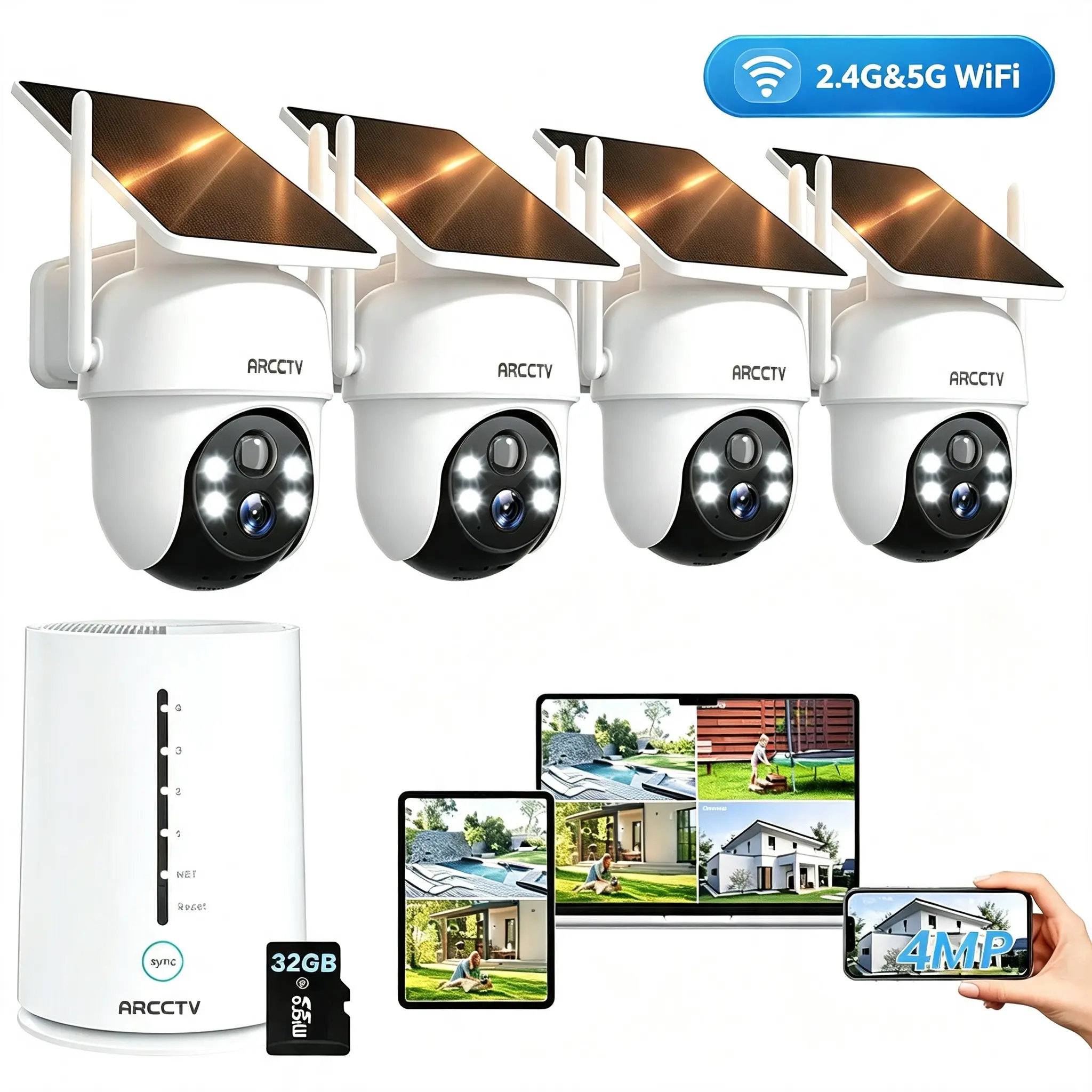 ARCCTV 4CH Solar Security Camera System Wireless Outdoor,WiFi,Color Night Vision,Alarm Push,2 Way Talk,Expandable Local Storage,IP65 Waterproof