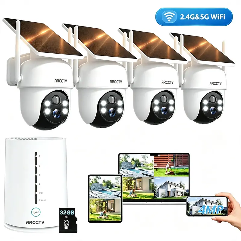 Anran 4CH Solar Wireless Outdoor Home Camera System - WiFi Surveillance Camera, 1440p Color Night Vision, Alarm Push, 2-Way Talk, Expandable Local Storage, IP65 Waterproof, Manufacturer Warranty, Manufacturer Warrenty