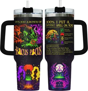 Hocus 40oz Tumbler with Handle & Straw Funny Halloween Witch Cup Stainless Steel Travel Mug Gift