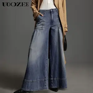 UOOZEE Women's Autumn Winter Non-Stretchy Zipper Solid Color Pockets Buttoned Wide Leg Trousers Jean Pants Bottoms Ideal for Urban Street Style, Brunch Outings & Office Casual(Smaller Hip Fit - Check Size Guide or Order One Size Larger)