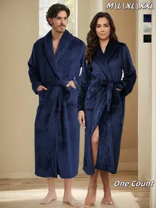 Couple's Solid Belted Pocket Flannel Robe, Casual Long Sleeve Warm Robe for Fall & Winter, Men's Sleepwear Loungewear for Indoor Wear