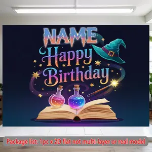 2D Flat, 1pc Personalized Magical Birthday Banner with Custom Name & Happy Birthday Text - Large 90.5x70.8 Inch Enchanted Wizard Witch Potions & Glowing Book Design - Polyester Fabric Party Dec