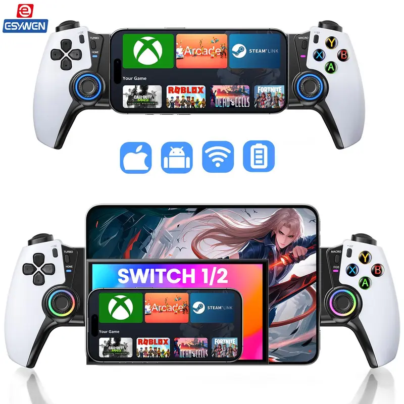 ESYWEN Wireless Mechanical Adjustable Rubber Bluetooth Mobile Game Controller - Smartphone Accessory for iPhone 15/16 Series, Android, USB-C iPad Mini, Switch 1/2 - Converts to Console for Xbox, Steam Link, GeForce Now (Back to School)
