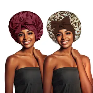 2Pcs Pack Double Layer Satin Bonnet Adjustable Bonnet with Tie Band for Sleeping Satin Lined Silk Skin Friendly Bonnets for Women Natural Curly Hair New Color Satinbonnet Breathable Care Bonnet Burgundy+Khaki   Sleep Caps for Women Haircare