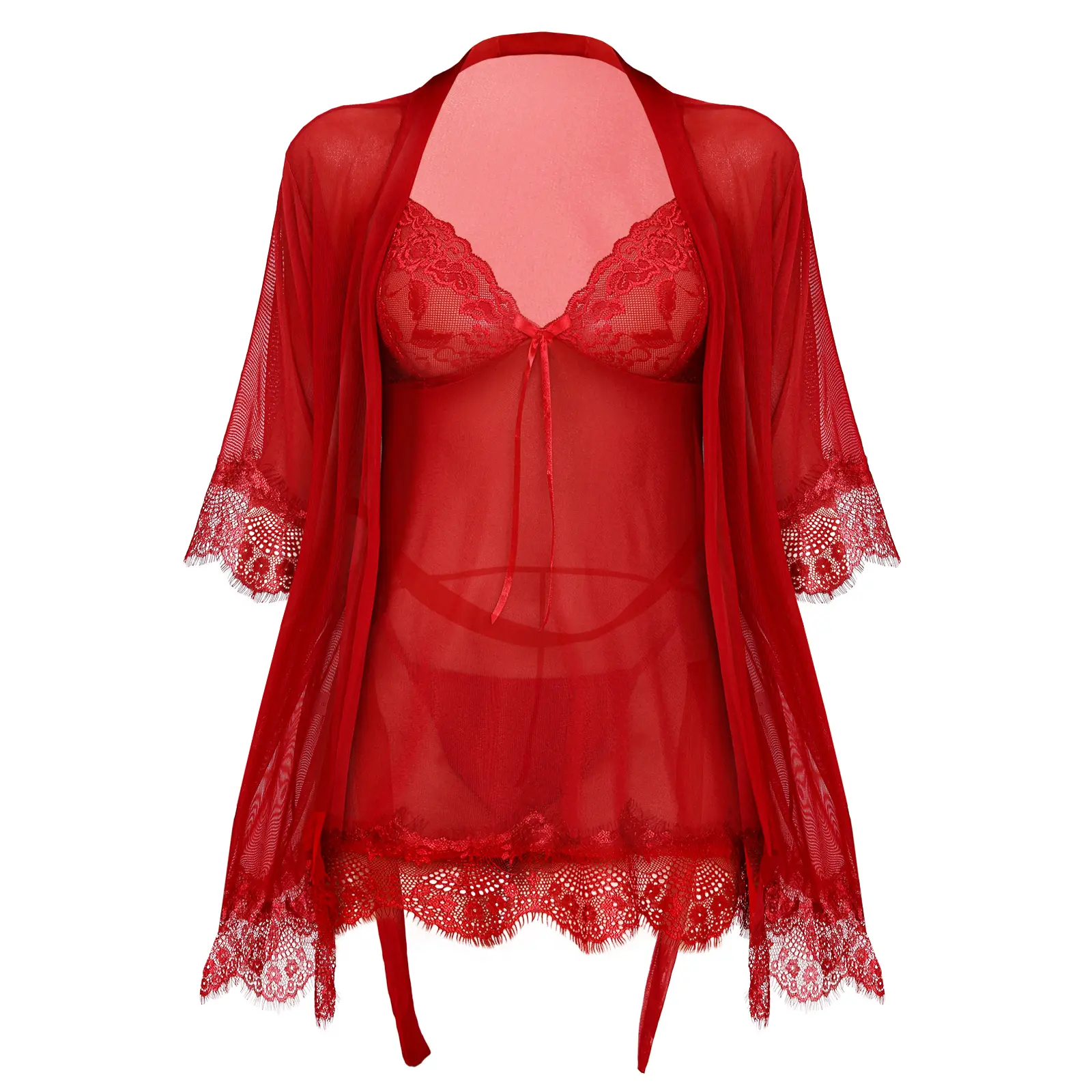 Women's 3-Piece Lingerie Set with Sheer Lace Robe and Fitted V-Neck Babydoll, Sexy Nylon Nightgown Loungewear with Thong and Bow for Party, Lacy, Deep V