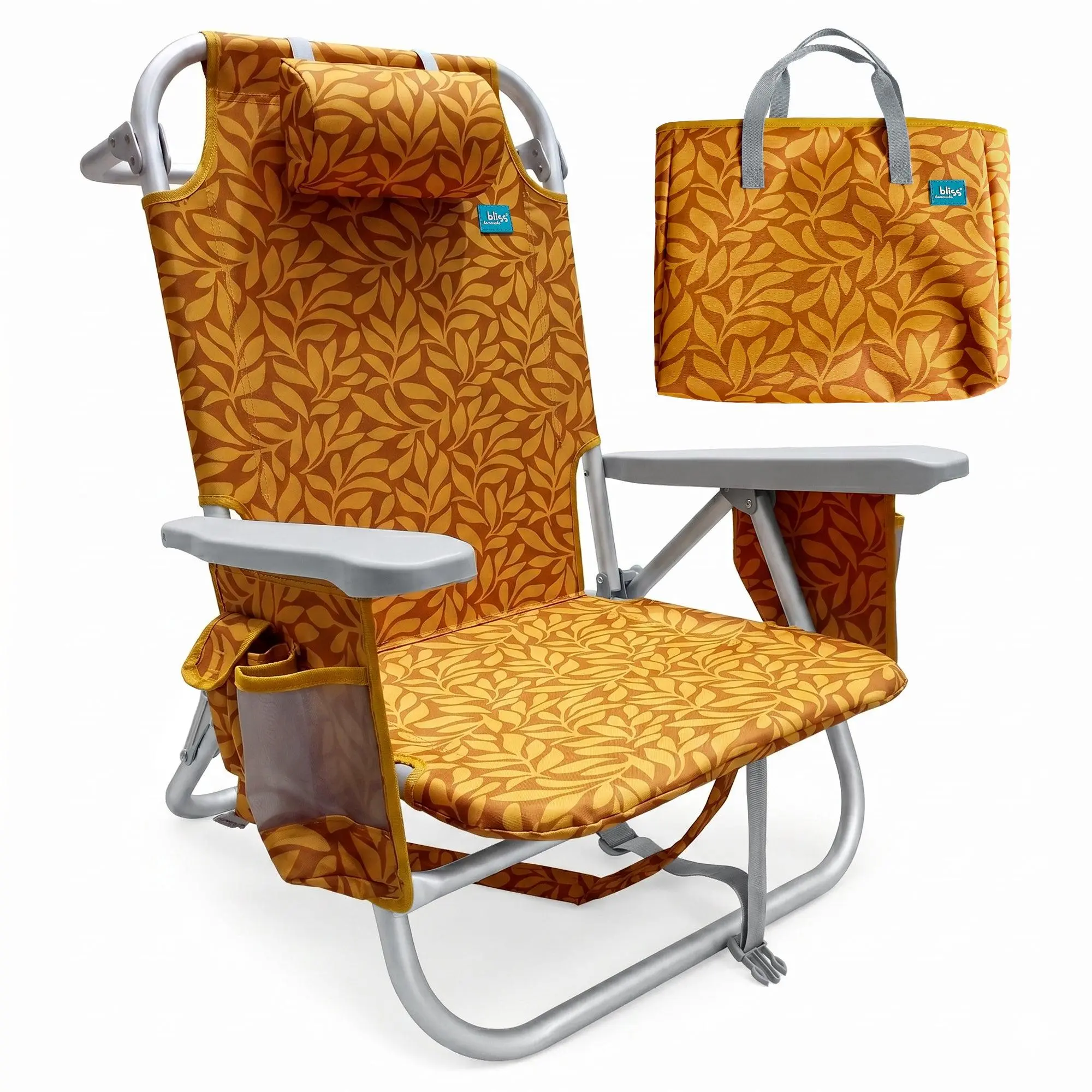 Bliss Hammocks Folding Beach Chair Recliner with Detachable Cooler, Amber Leaf