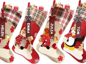 Christmas Stockings Personalized 4 Pcs - 18" Classic Xmas Stockings with Name Tags - Santa Snowman Reindeer Penguin Christmas Stocking Decorations Home Decor Party Supplies & Kids Gifts